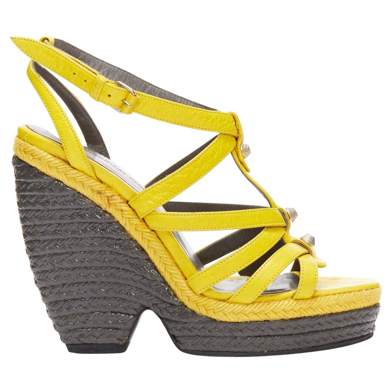 BALENCIAGA Vintage Arena yellow studded grey espadrille wedge heel EU38