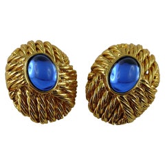 Balenciaga Clips d'oreilles en verre cabohon bleu vintage