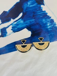 BALENCIAGA Vintage Gold Large Textured Black Fan Semi Circle Statement Earrings