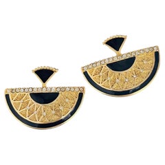 BALENCIAGA Vintage Gold Large Textured Black Fan Semi Circle Statement Earrings