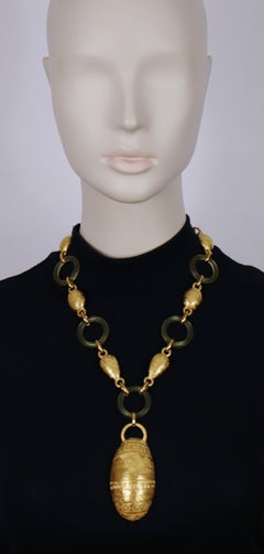 BALENCIAGA Vintage Gold Tone and Resin African Tribal Motif Pendant Necklace