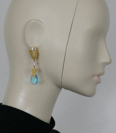BALENCIAGA Vintage Goldfarbene blaue Glastropfen-Ohrringe mit baumelnden Tropfen