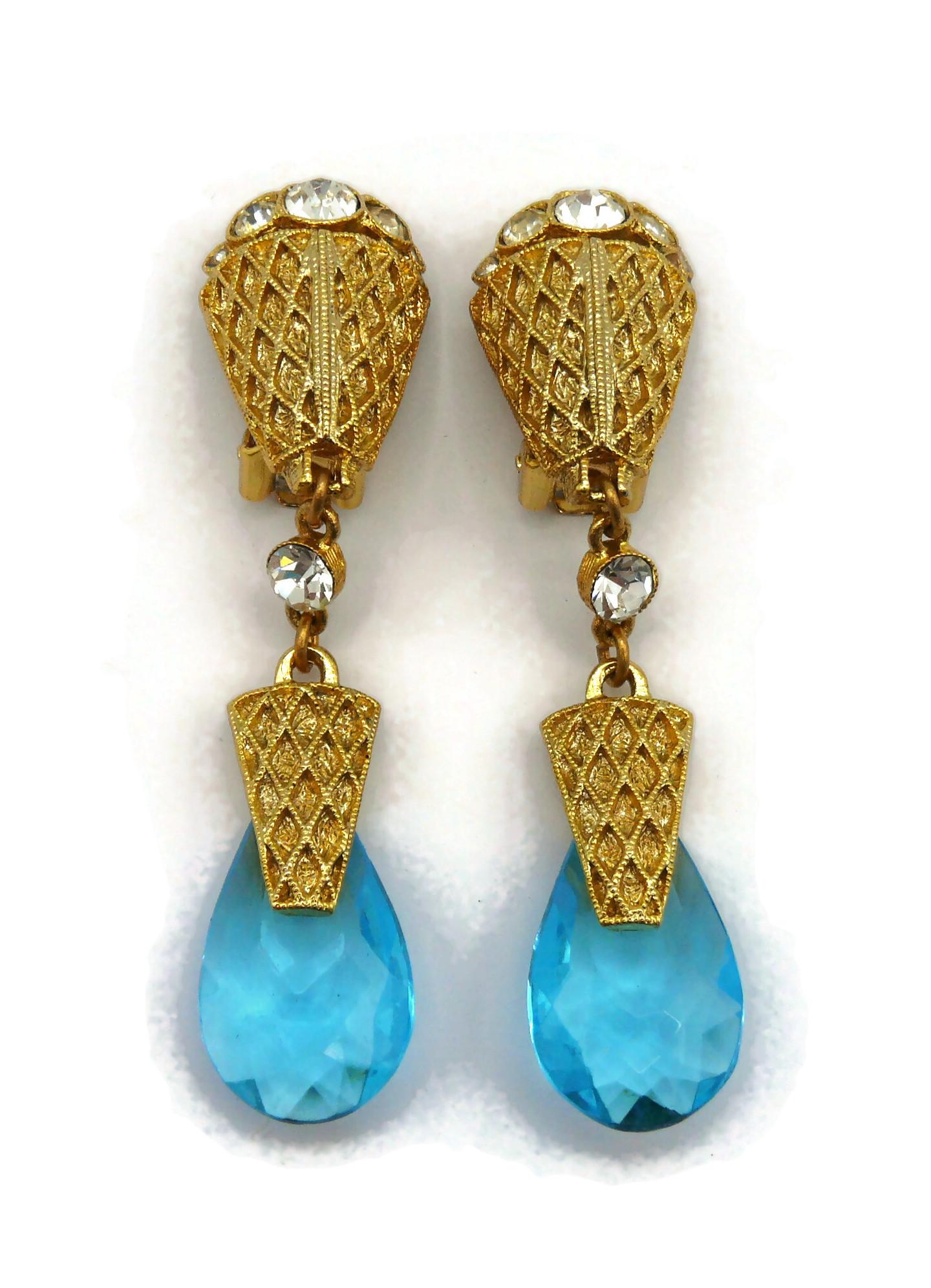 BALENCIAGA Vintage Gold Tone Blue Glass Drop Dangling Earrings In Excellent Condition For Sale In Nice, FR