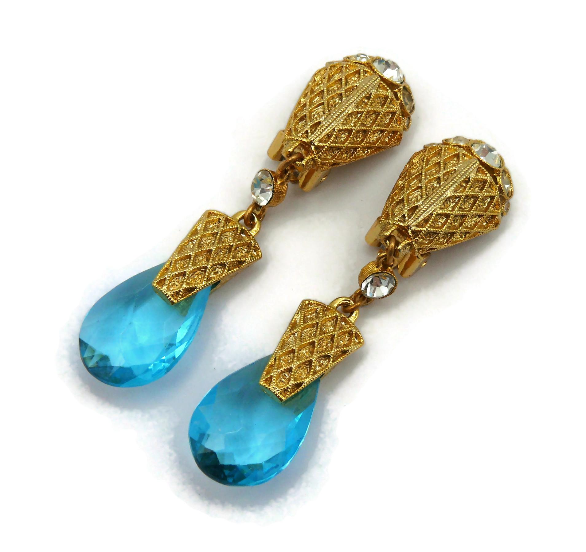 Women's BALENCIAGA Vintage Gold Tone Blue Glass Drop Dangling Earrings For Sale