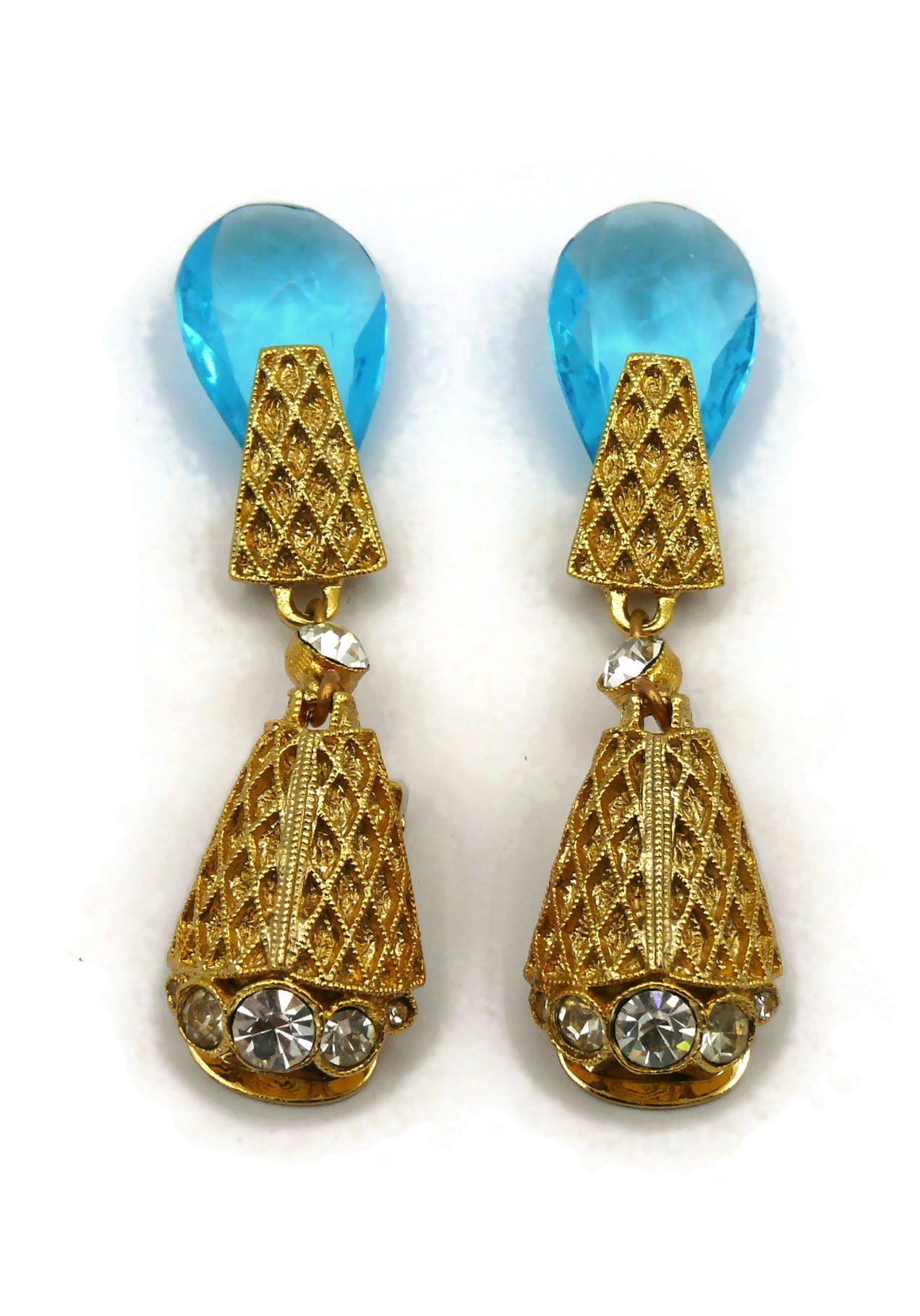 BALENCIAGA Vintage Gold Tone Blue Glass Drop Dangling Earrings For Sale 1