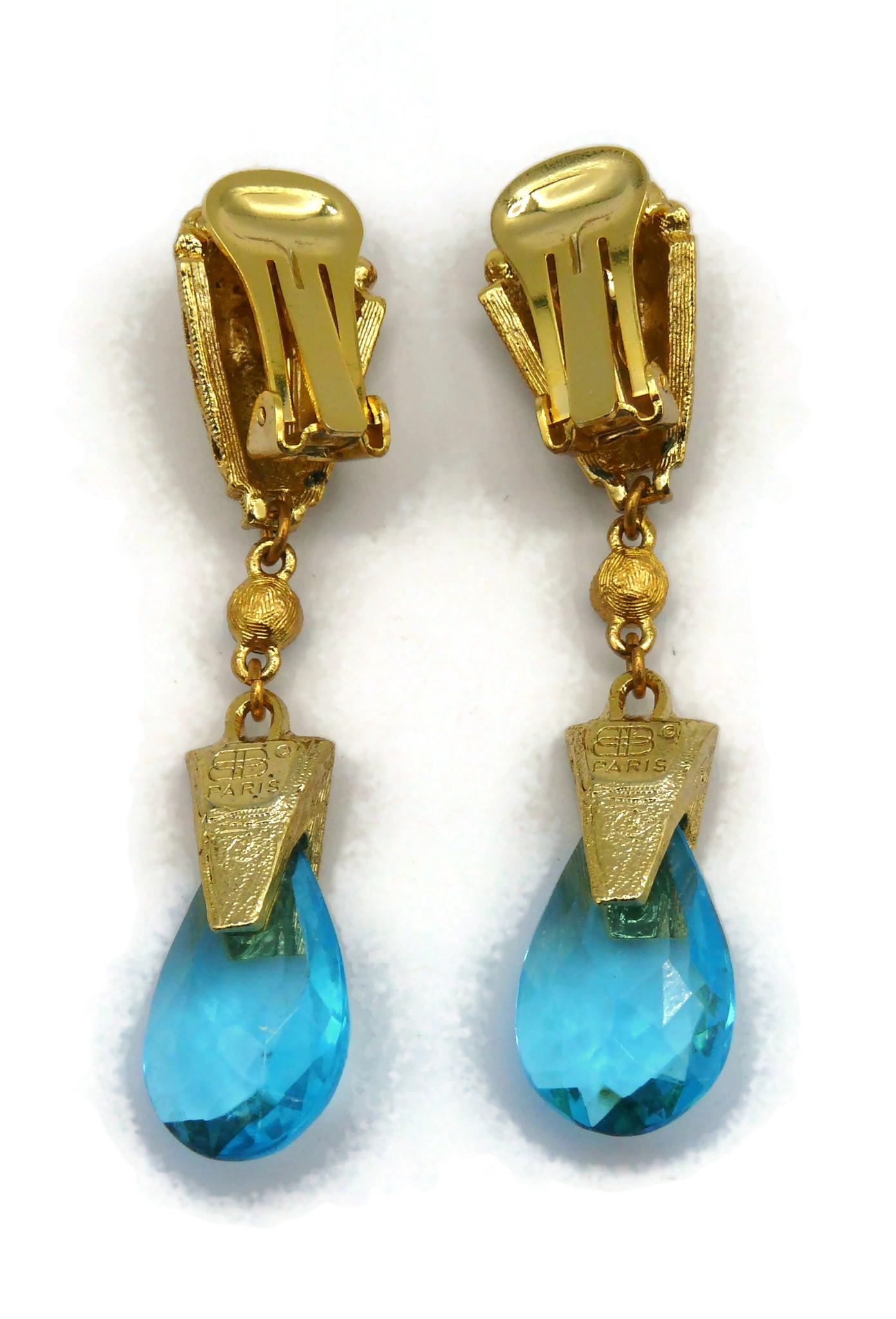 BALENCIAGA Vintage Gold Tone Blue Glass Drop Dangling Earrings For Sale 2