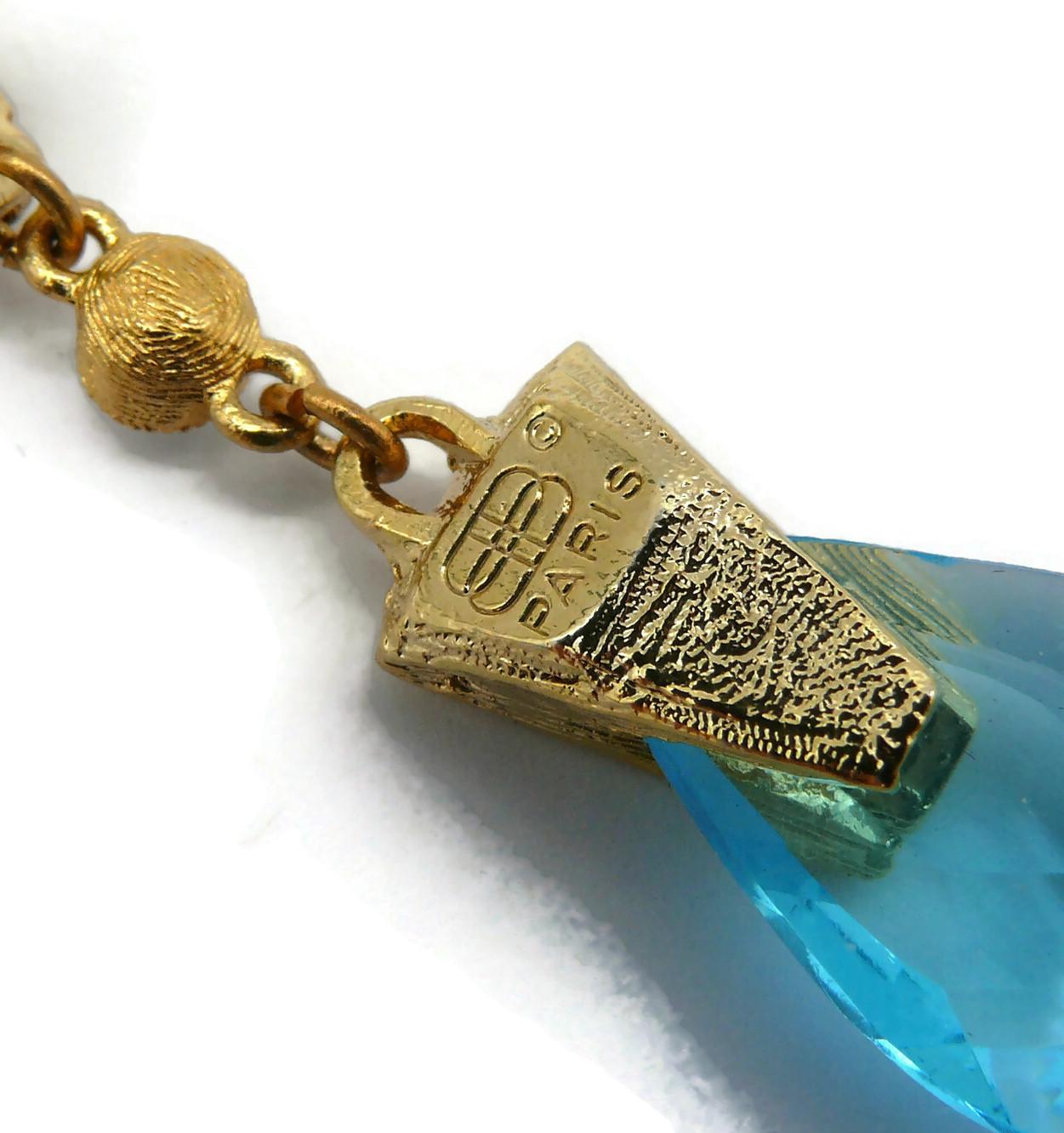 BALENCIAGA Vintage Gold Tone Blue Glass Drop Dangling Earrings For Sale 4