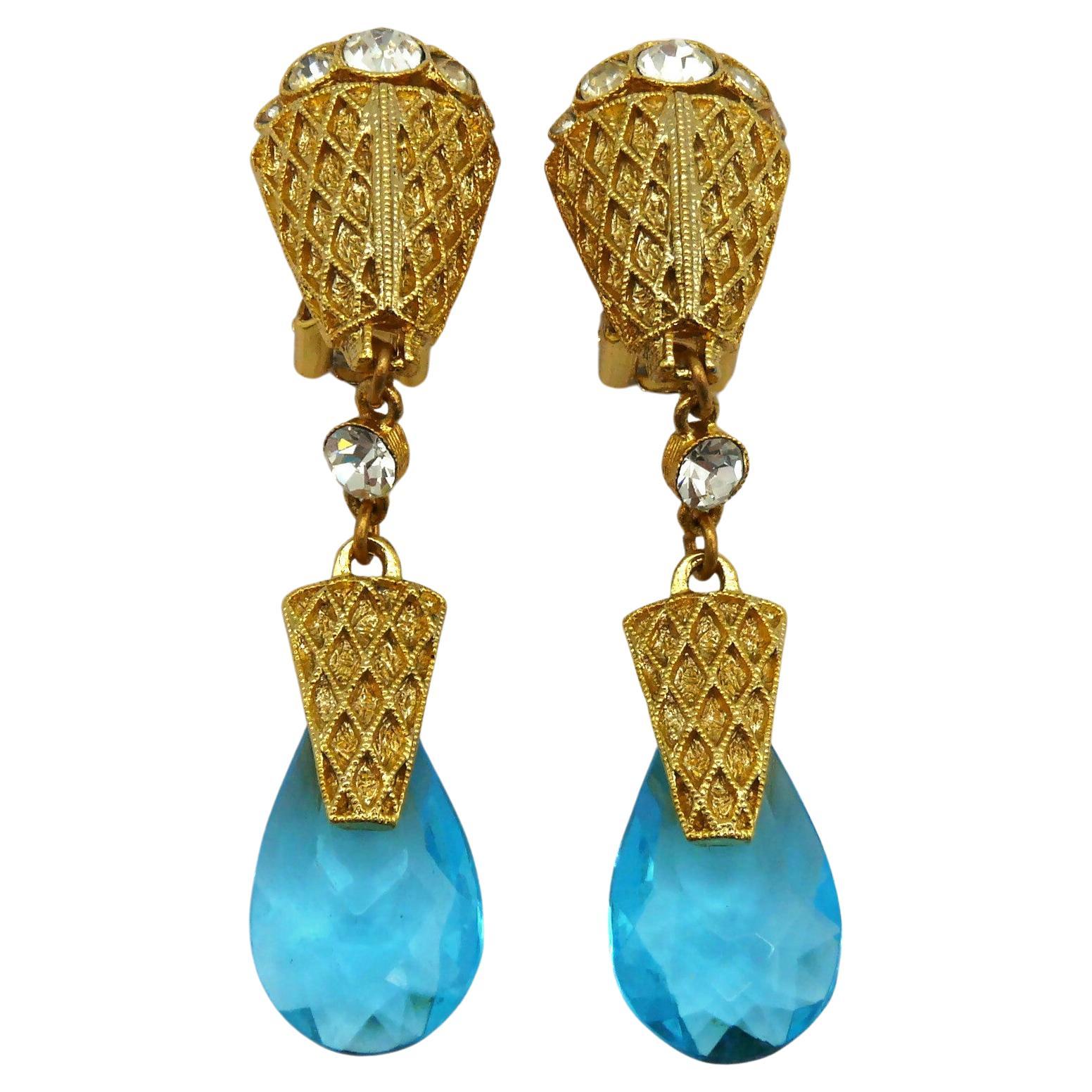 BALENCIAGA Vintage Gold Tone Blue Glass Drop Dangling Earrings For Sale