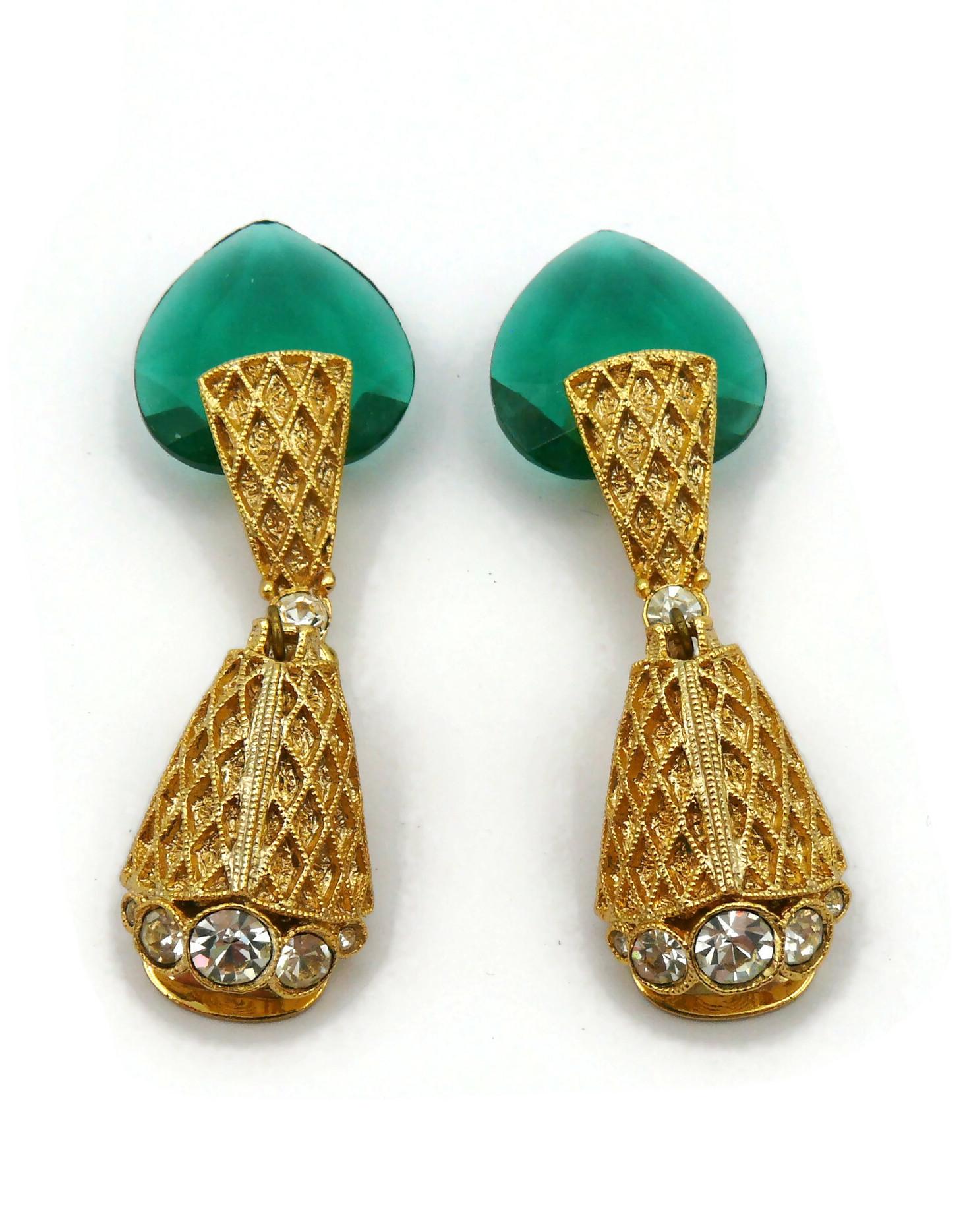 BALENCIAGA Vintage Gold Tone Green Glass Heart Dangling Earrings For Sale 1