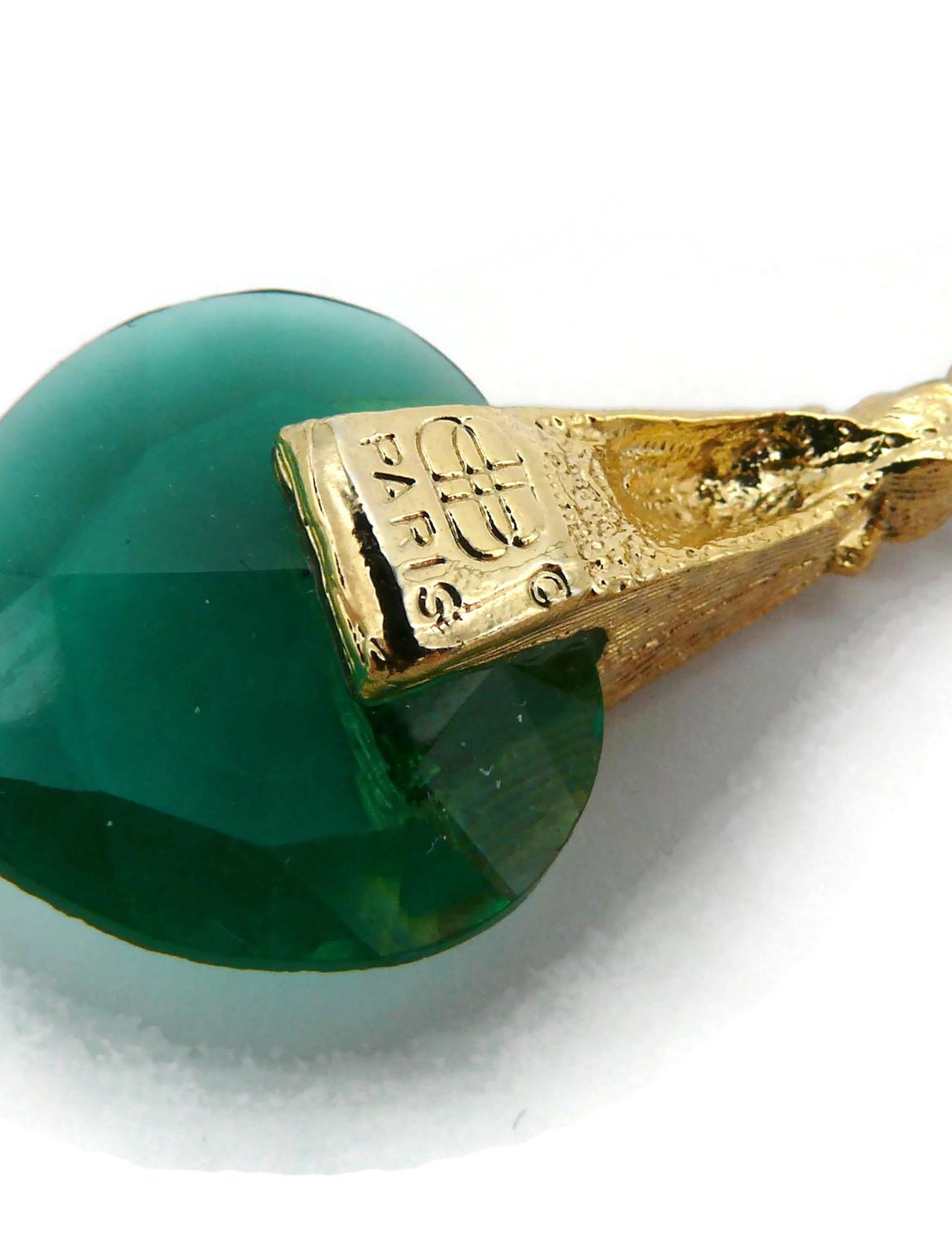 BALENCIAGA Vintage Gold Tone Green Glass Heart Dangling Earrings For Sale 3