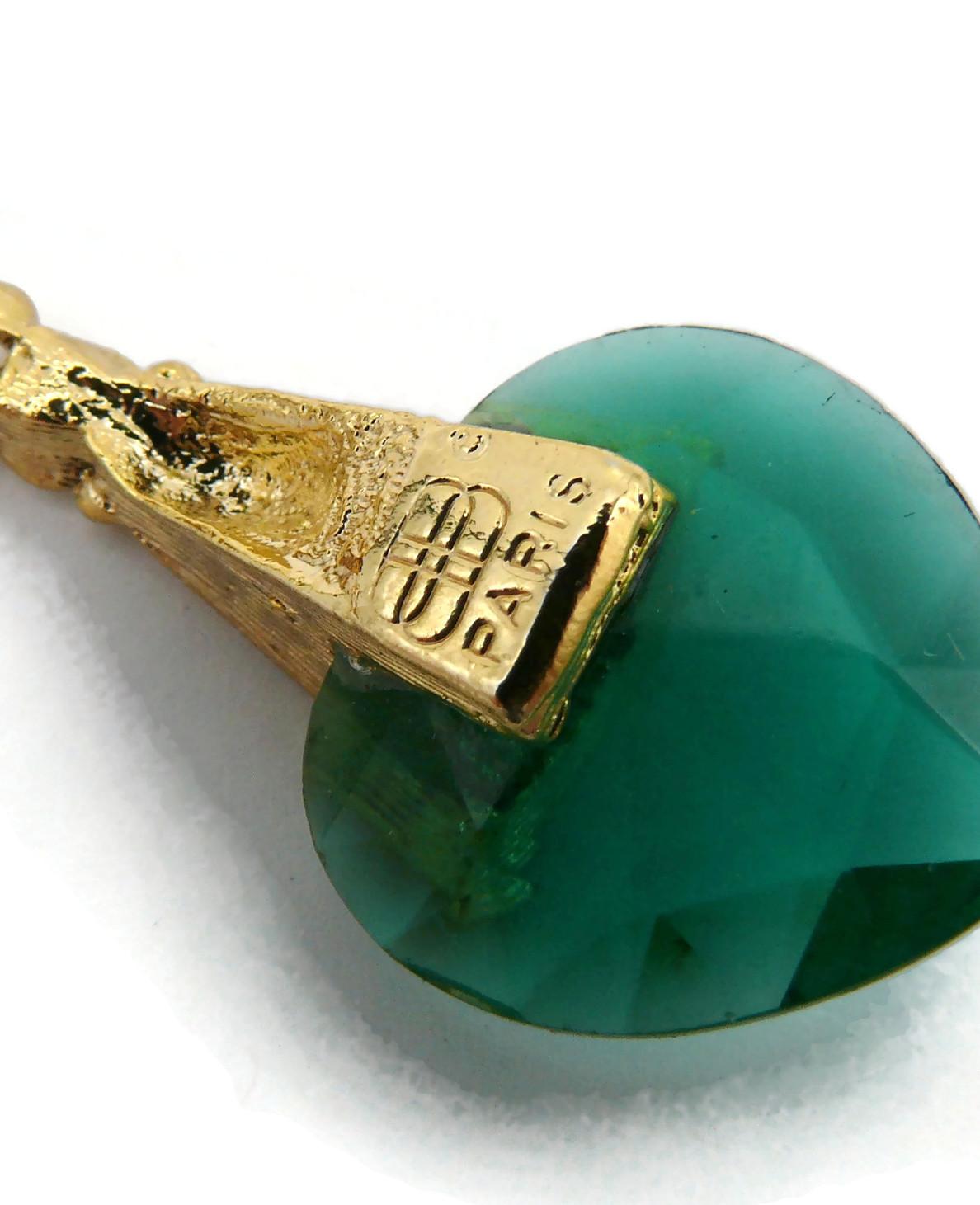 BALENCIAGA Vintage Gold Tone Green Glass Heart Dangling Earrings For Sale 4