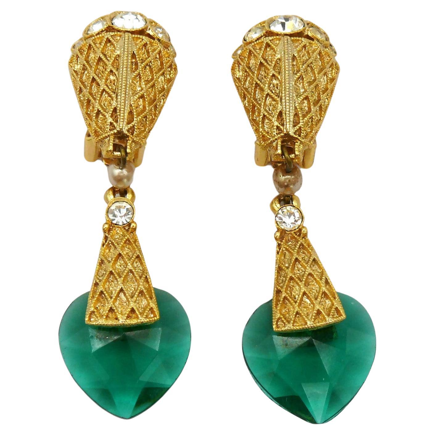 BALENCIAGA Vintage Gold Tone Green Glass Heart Dangling Earrings For Sale