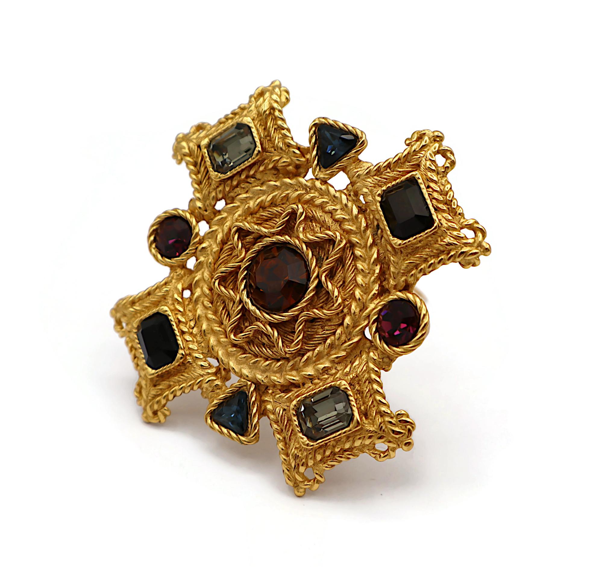 BALENCIAGA Vintage Gold Tone Jewelled Cross Brooch Pendant For Sale 2