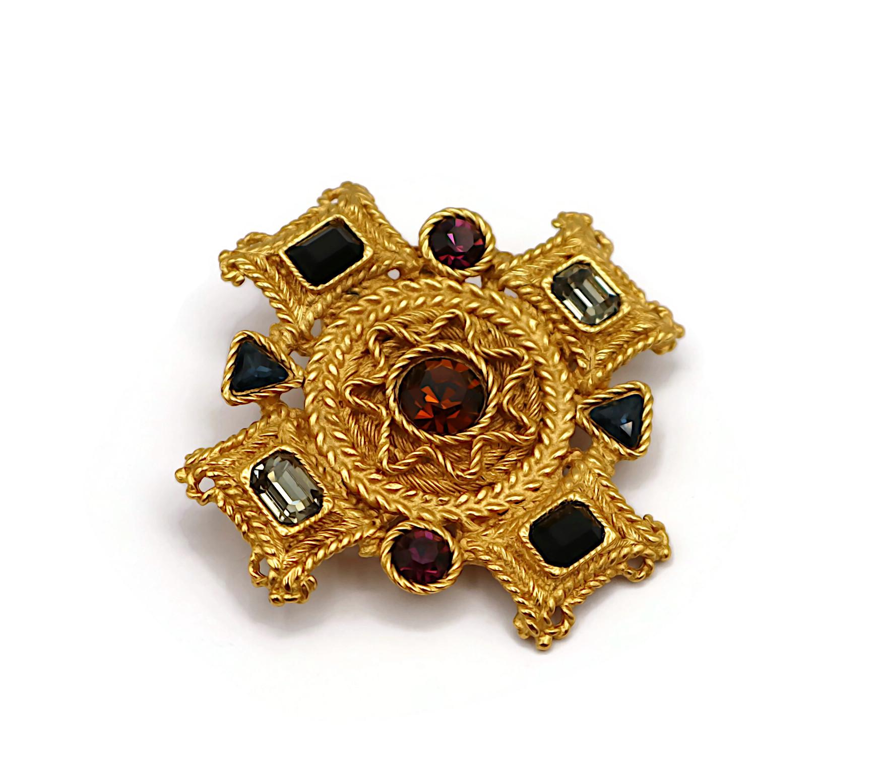 BALENCIAGA Vintage Gold Tone Jewelled Cross Brooch Pendant For Sale 3