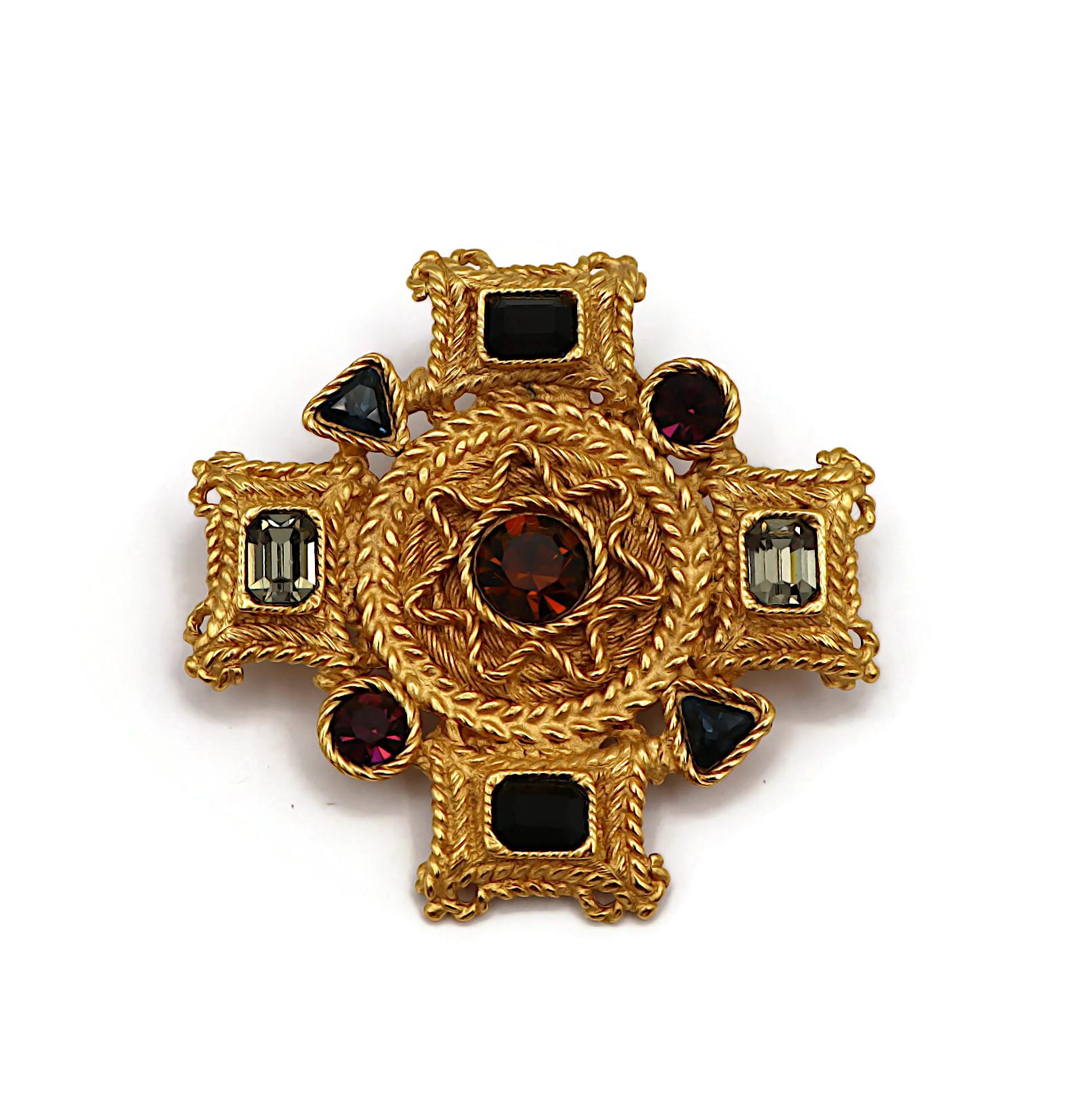 BALENCIAGA Vintage Gold Tone Jewelled Cross Brooch Pendant For Sale 4