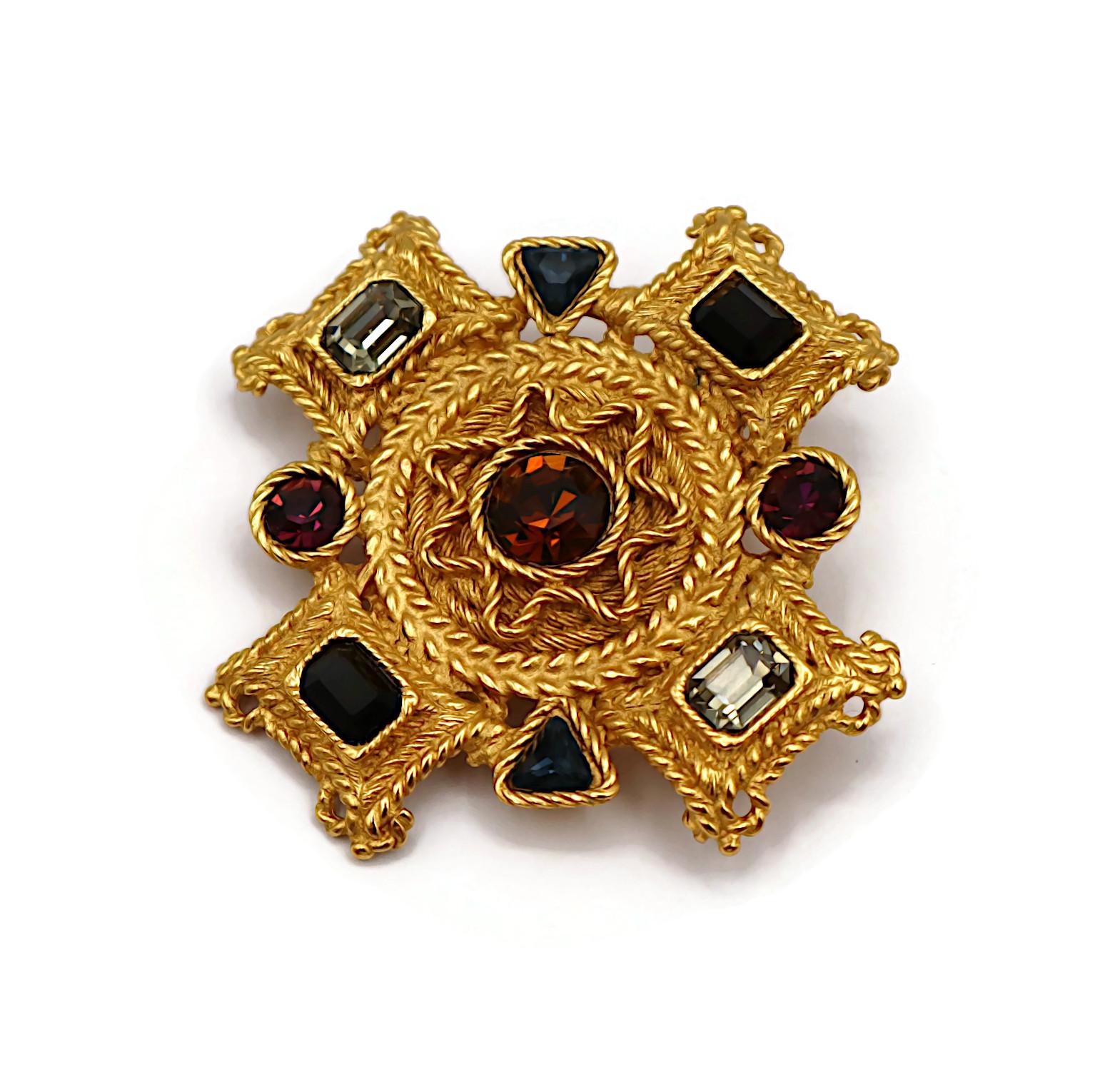 BALENCIAGA Vintage Gold Tone Jewelled Cross Brooch Pendant For Sale 5