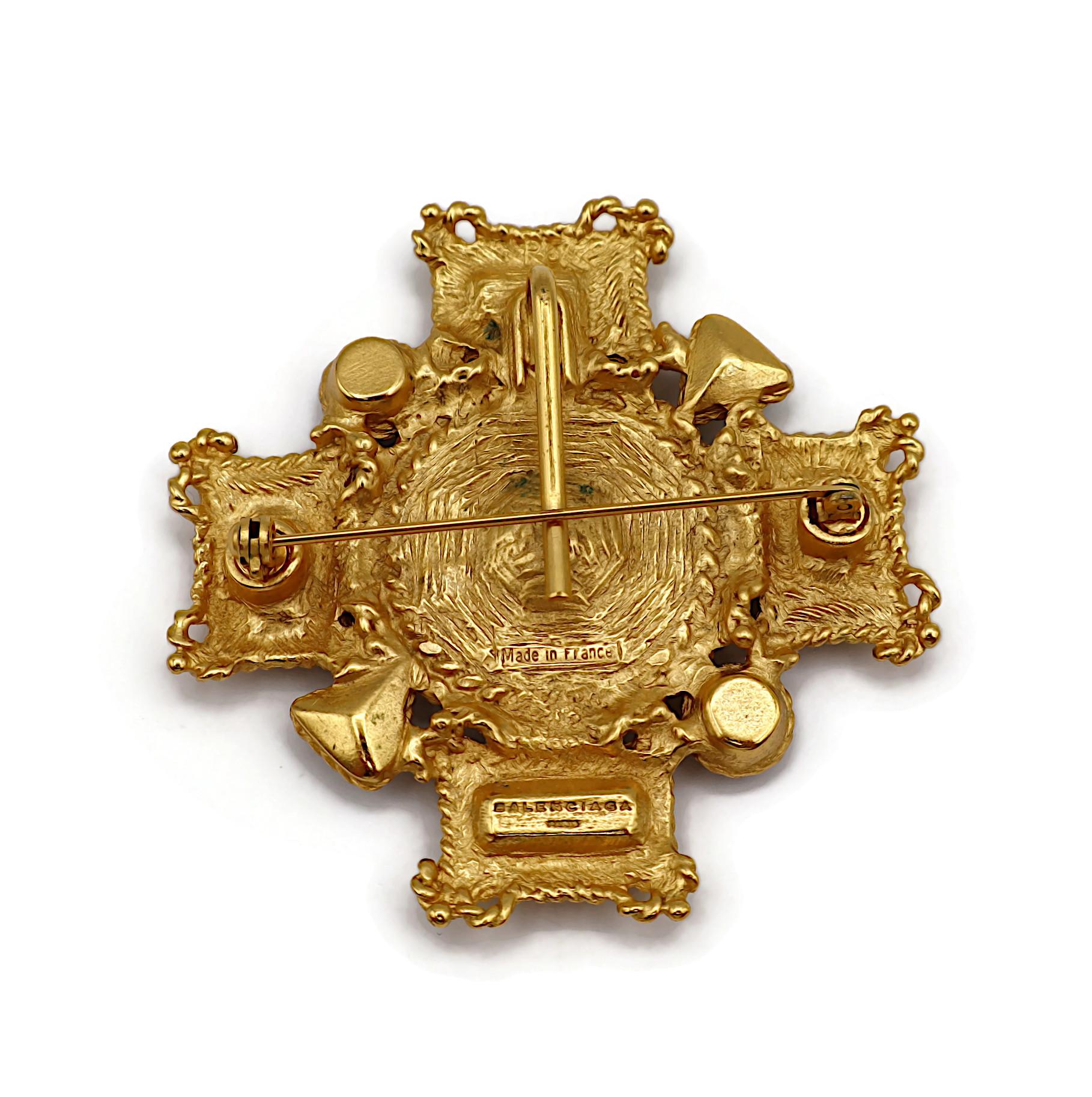 BALENCIAGA Vintage Gold Tone Jewelled Cross Brooch Pendant For Sale 6