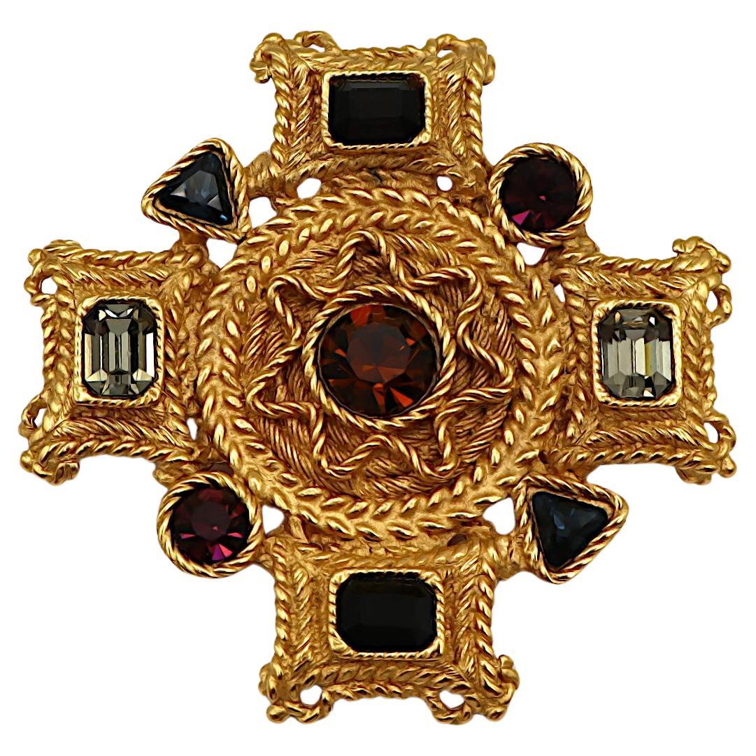 BALENCIAGA Vintage Gold Tone Jewelled Cross Brooch Pendant For Sale