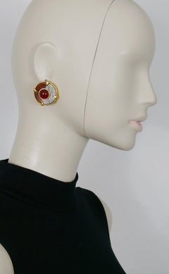 Balenciaga Vintage Gold Toned Ruby Glass Cabochon Clip-On Earrings