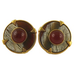 Balenciaga Vintage Gold Toned Ruby Glass Cabochon Clip-On Earrings