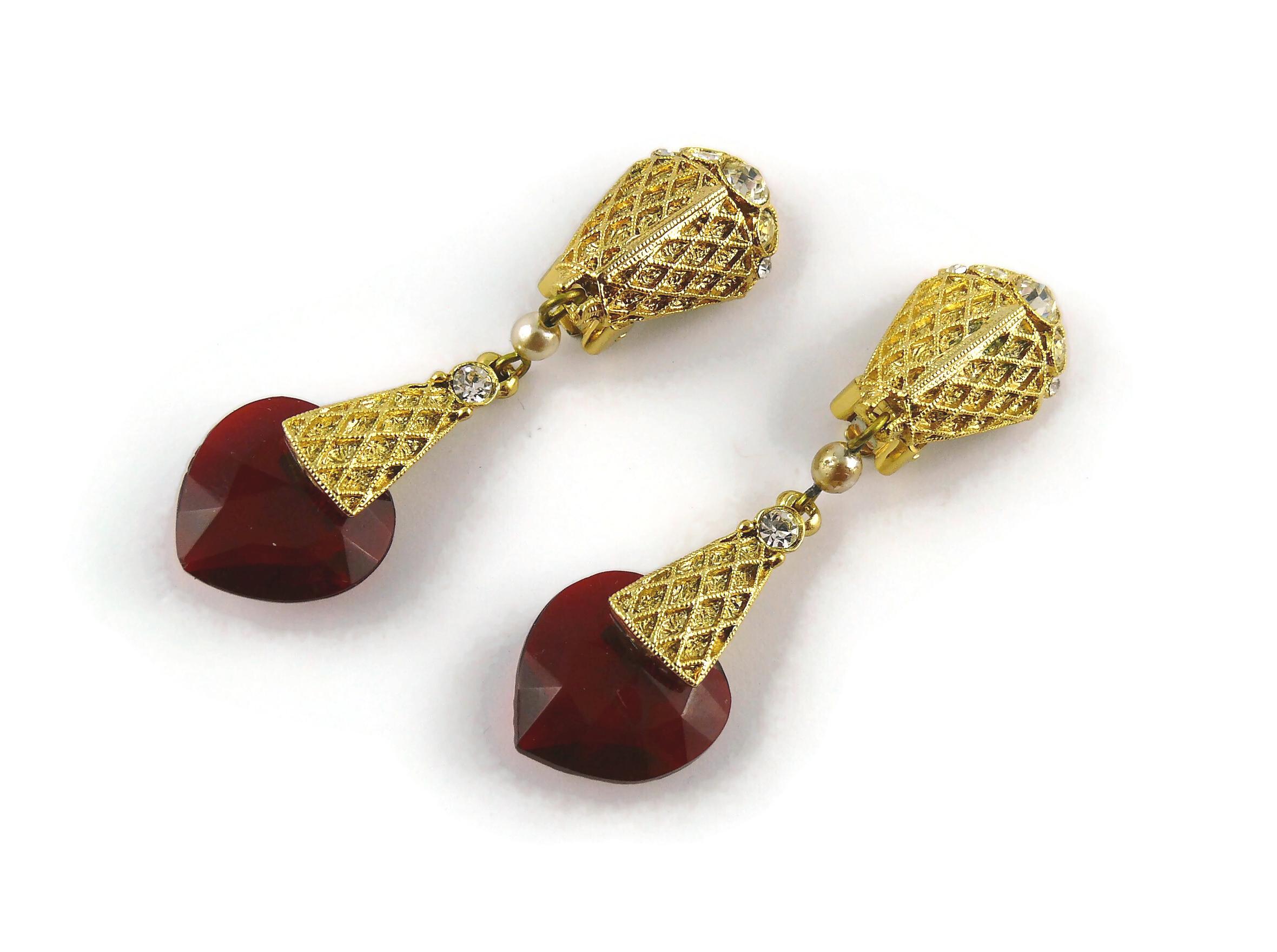 Women's Balenciaga Vintage Gold Toned Ruby Glass Heart Dangling Earrings