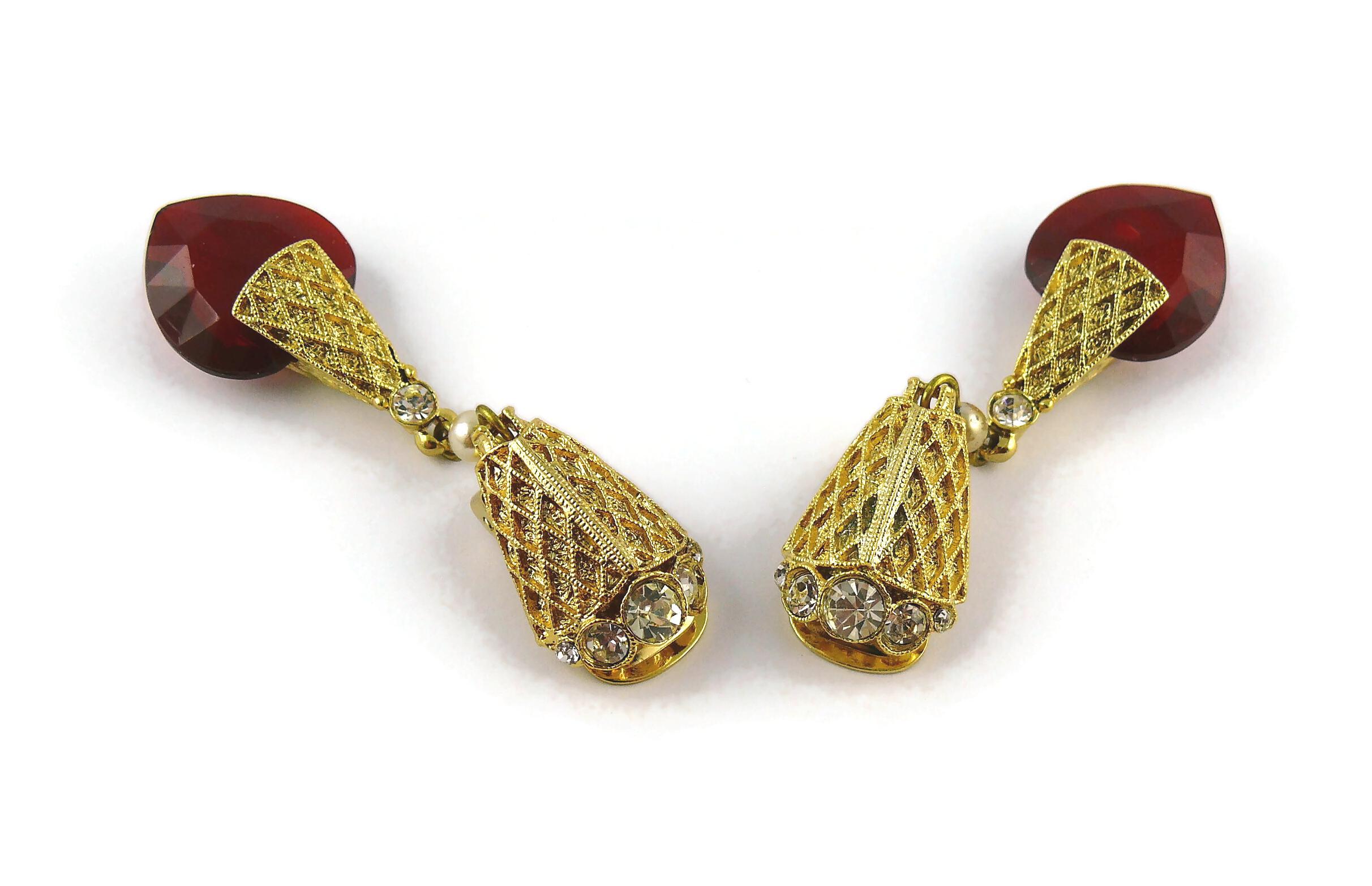 Balenciaga Vintage Gold Toned Ruby Glass Heart Dangling Earrings 2