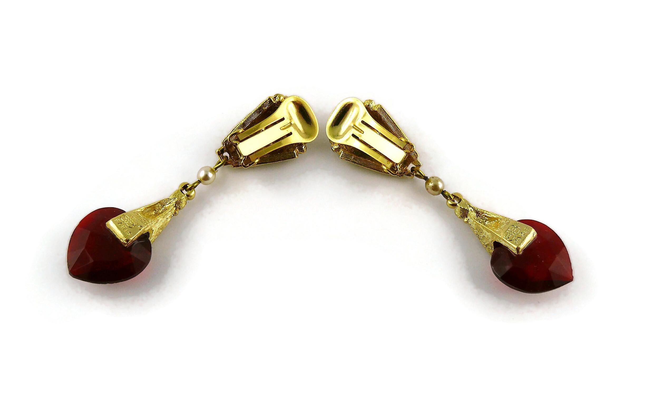 Balenciaga Vintage Gold Toned Ruby Glass Heart Dangling Earrings 3
