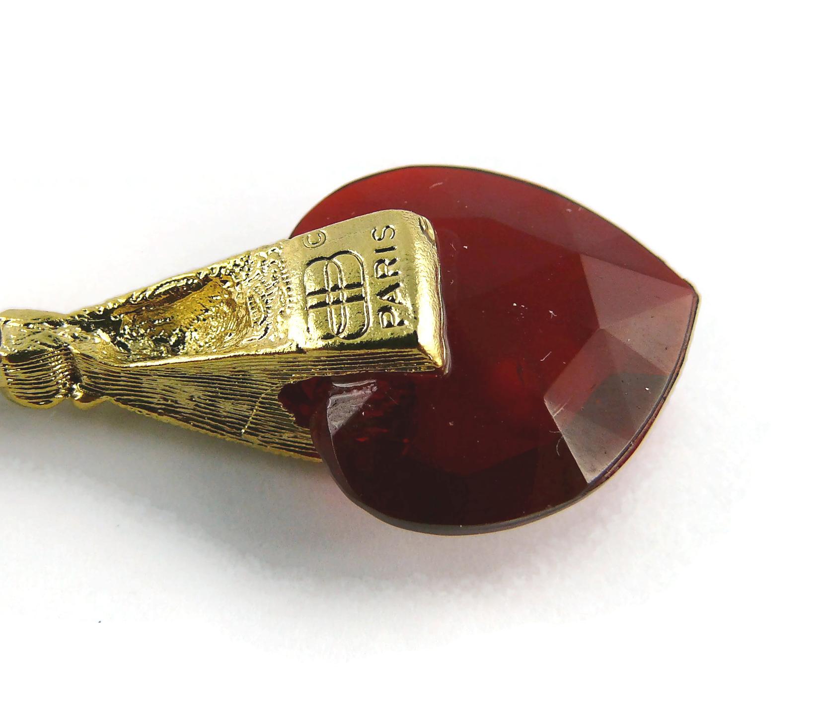 Balenciaga Vintage Gold Toned Ruby Glass Heart Dangling Earrings 5