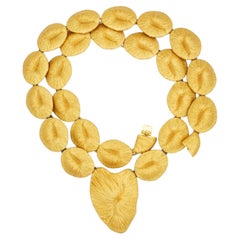 BALENCIAGA Vintage Huge Gold Brushed Heart Shell Leaf Extra Long Chunky Necklace
