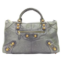 BALENCIAGA Vintage Motorcycle grey textured leather gold studs medium tote bag
