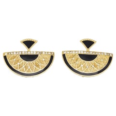 BALENCIAGA Vintage Textured Large Black Fan Semi Circle Crystals Clip Earrings