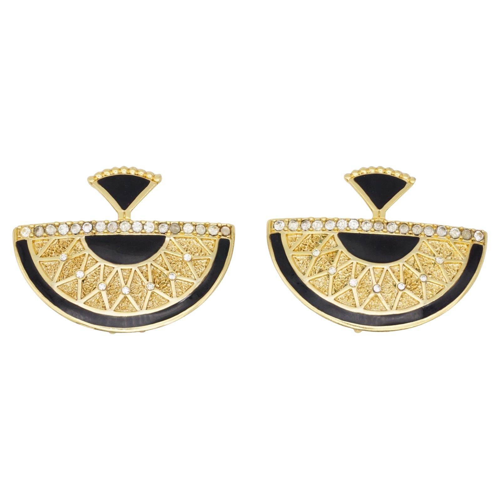 BALENCIAGA Paris Vintage 1990s Unisex Baroque Textured Large Black Enamel Fan Semi Circle Crystals Chunky Clip Earrings, Gold Tone

Very good condition. Light scratches or colour loss, barely noticeable. Some of stones aren't very shining, but still