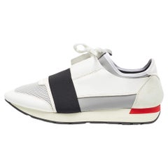 Balenciaga White/Black Leather and Mesh Race Runner Sneakers Size 44