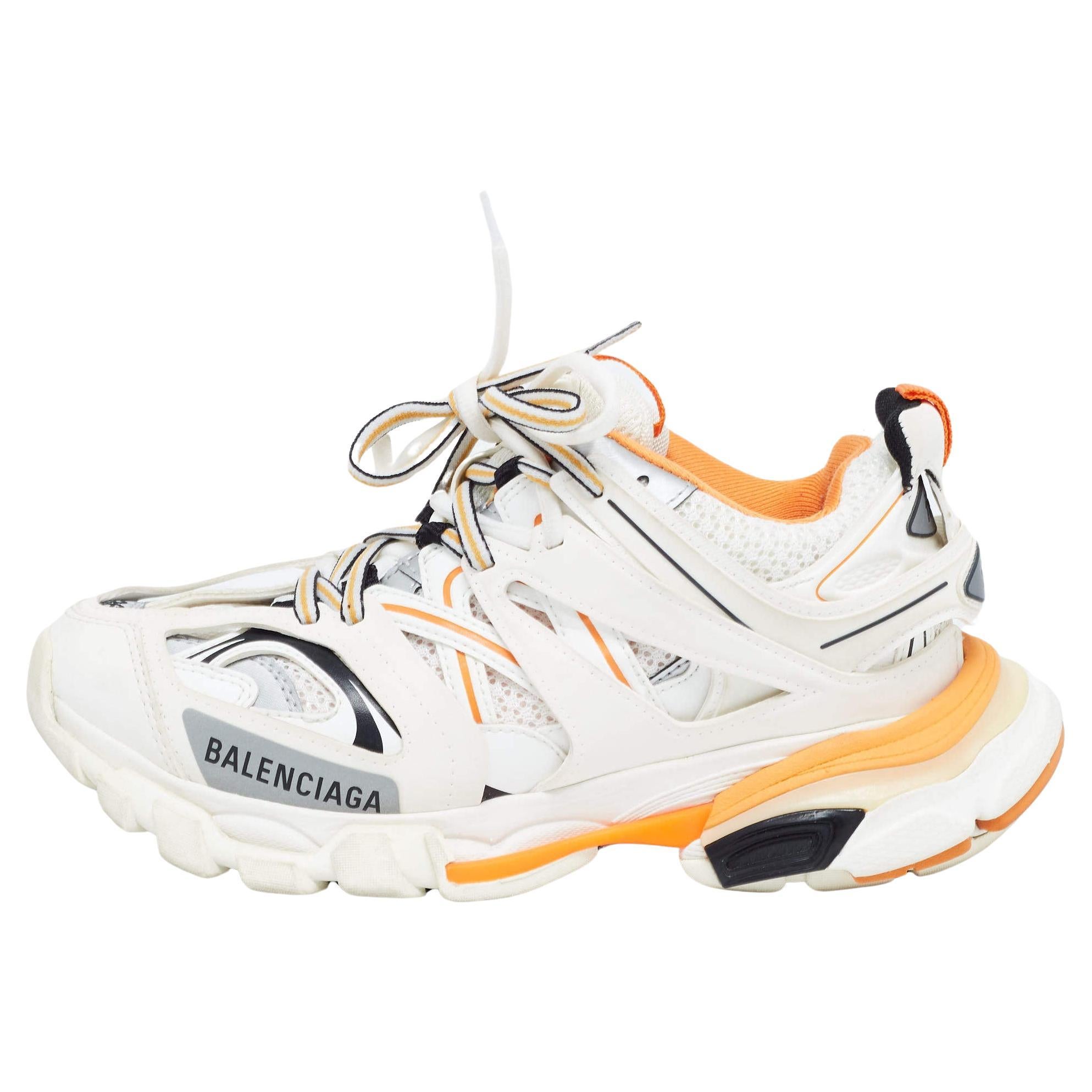 Balenciaga White/Black Leather and Mesh Track Sneakers Size 36 For Sale