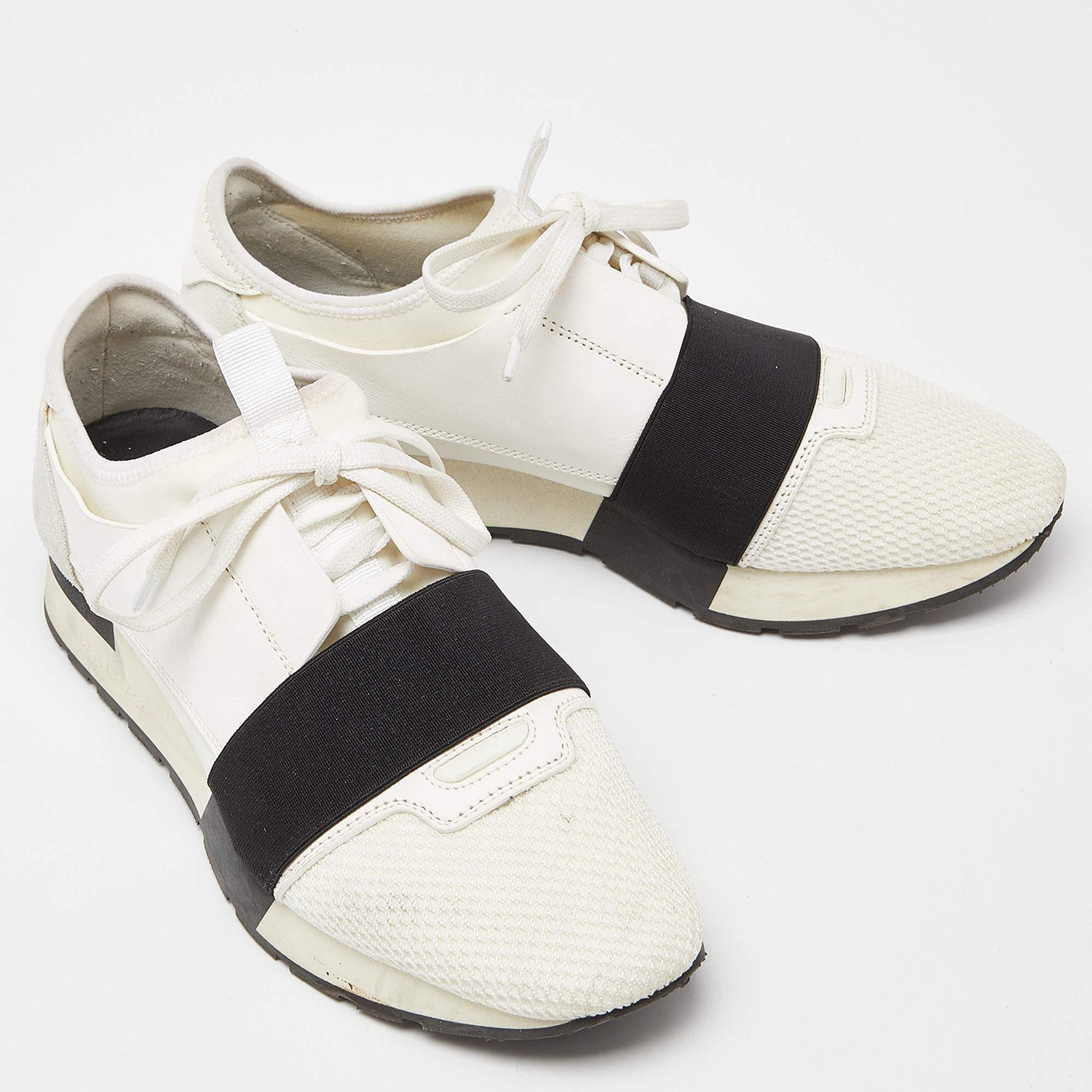 Beige Balenciaga White/Black Leather Suede and Mesh Race Runner Sneakers Size 39