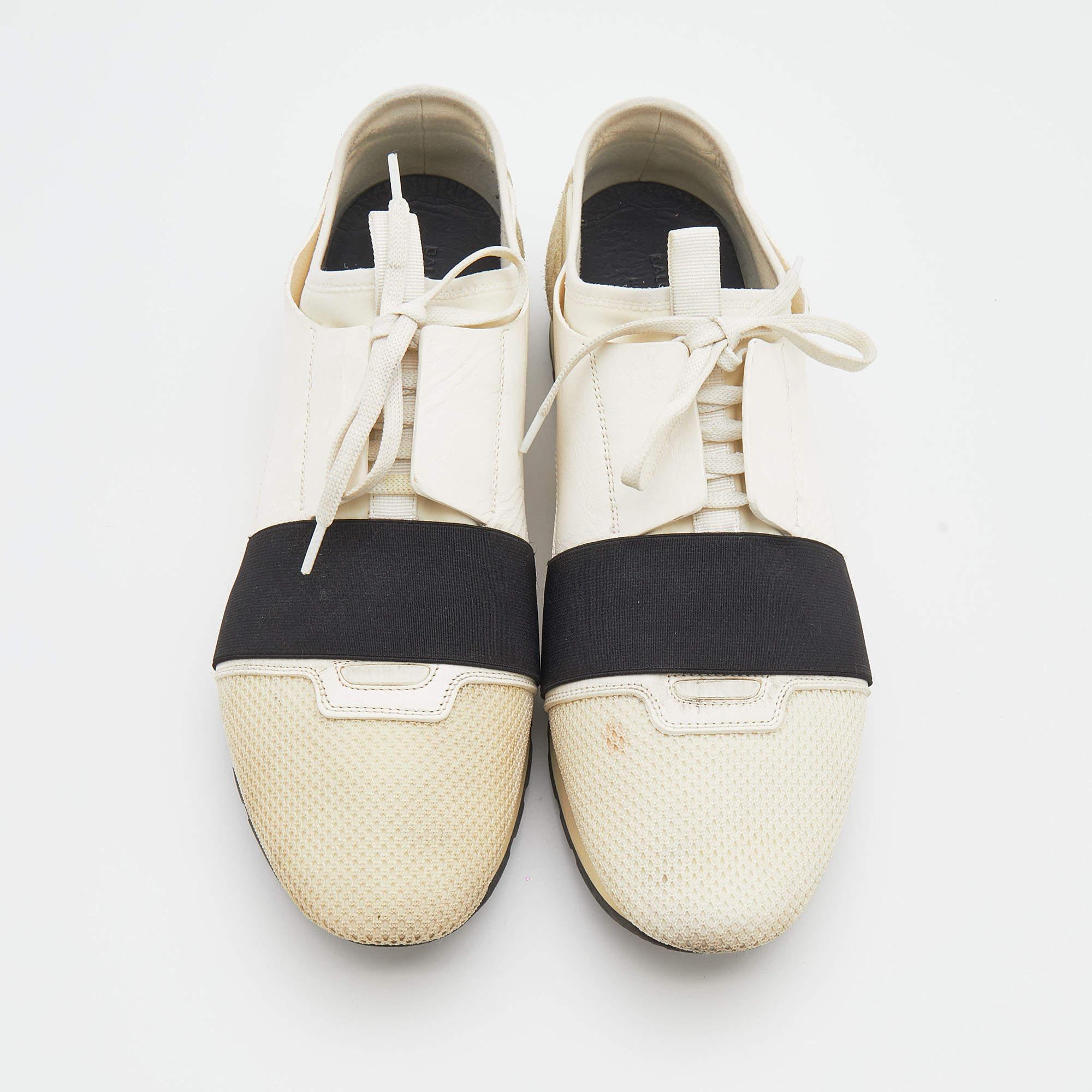 Beige Balenciaga White/Black Mesh And Leather Race Runner Low Top Sneakers Size 44