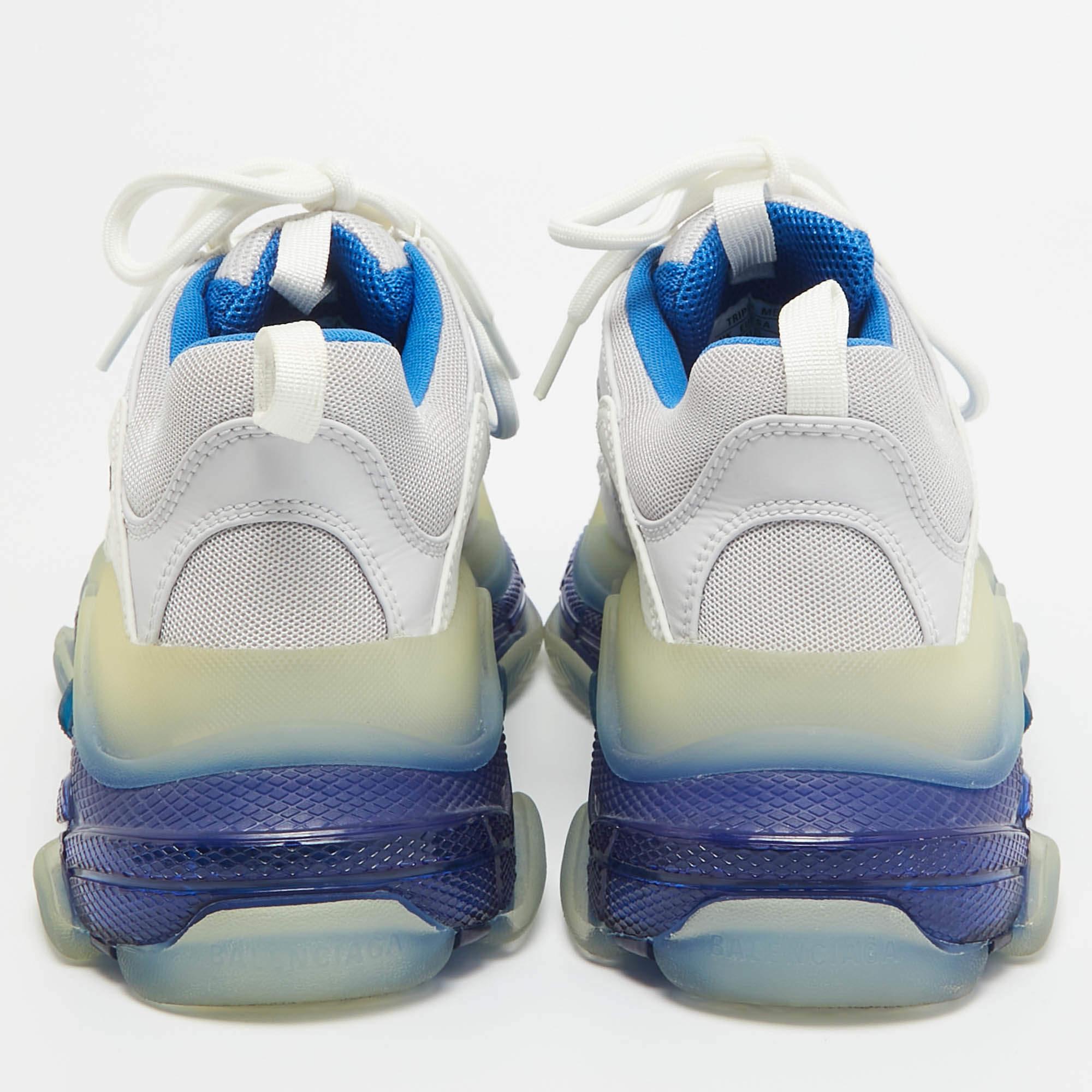 Men's Balenciaga White/Blue Leather and Mesh Triple S Clear Sole Sneakers Size 41 For Sale
