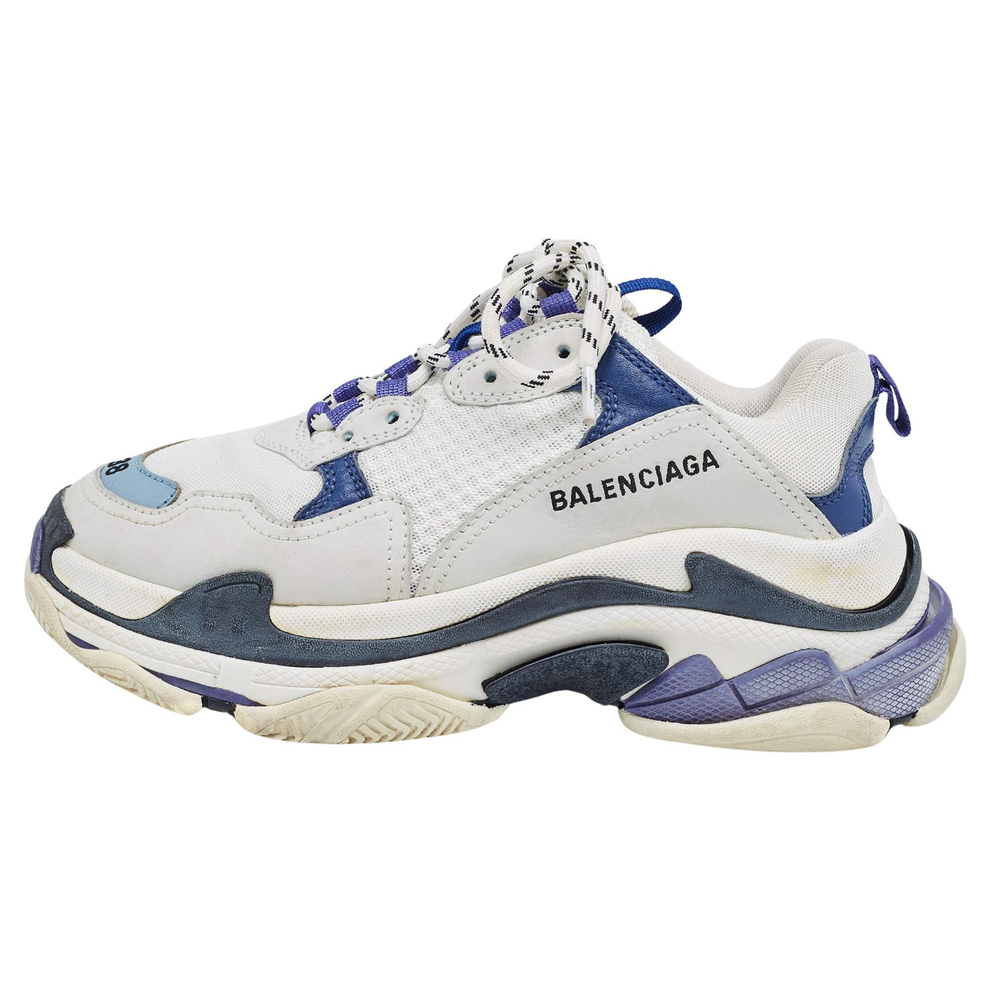 Balenciaga White/Blue Nubuck Leather and Mesh Triple S Sneakers Size 38 For Sale