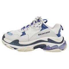 Balenciaga White/Blue Nubuck Leather and Mesh Triple S Sneakers Size 38