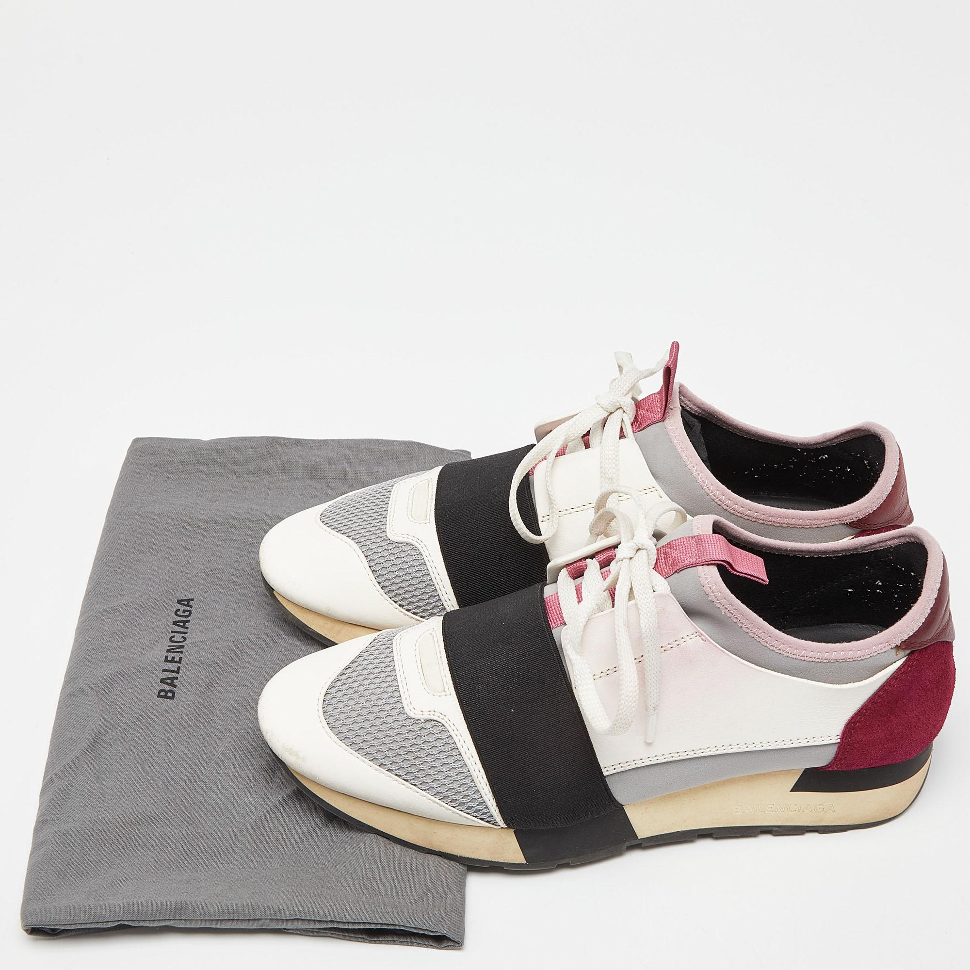 Balenciaga White/Burgundy Leather Suede and Mesh Race Runner Sneakers Taglia 38 in vendita 4