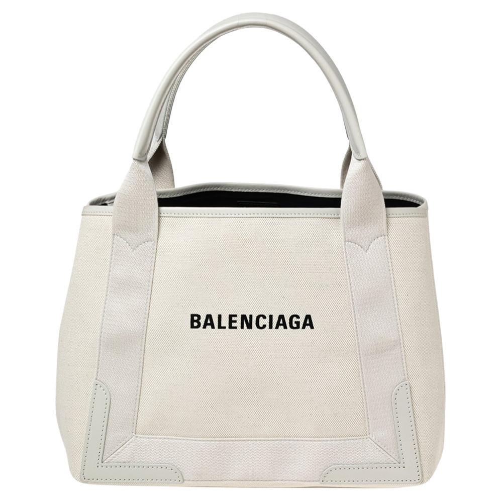 Balenciaga White Canvas and Leather S Navy Cabas Tote