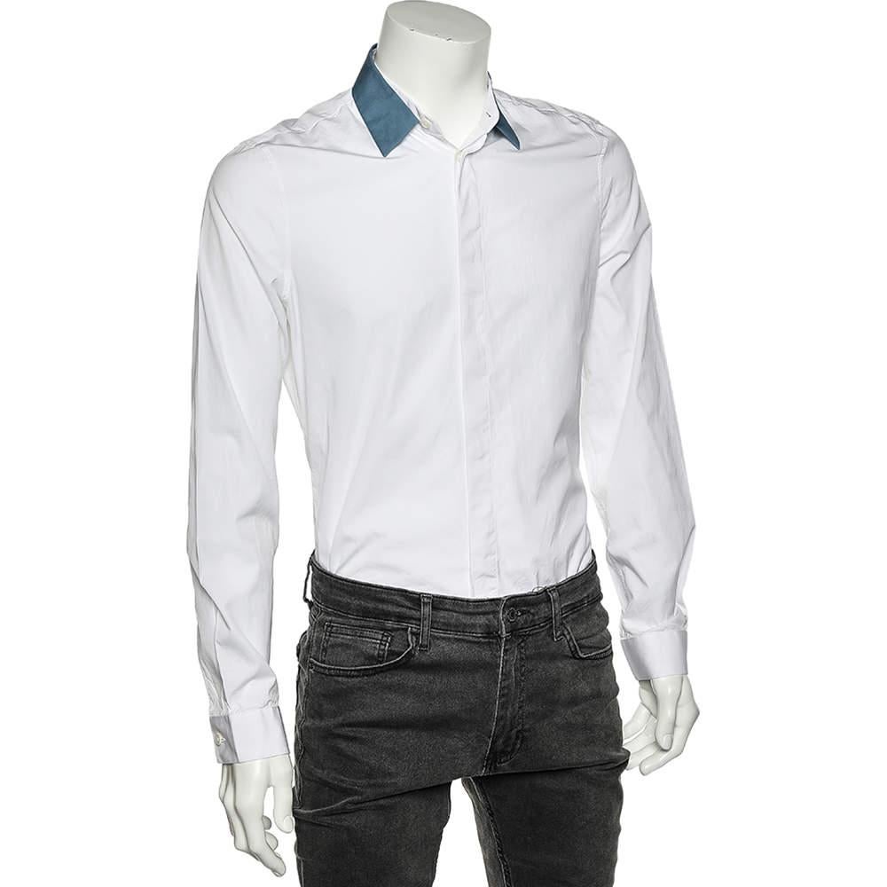 Gray Balenciaga White Cotton Contrast Collar Detail Button Front Shirt M For Sale