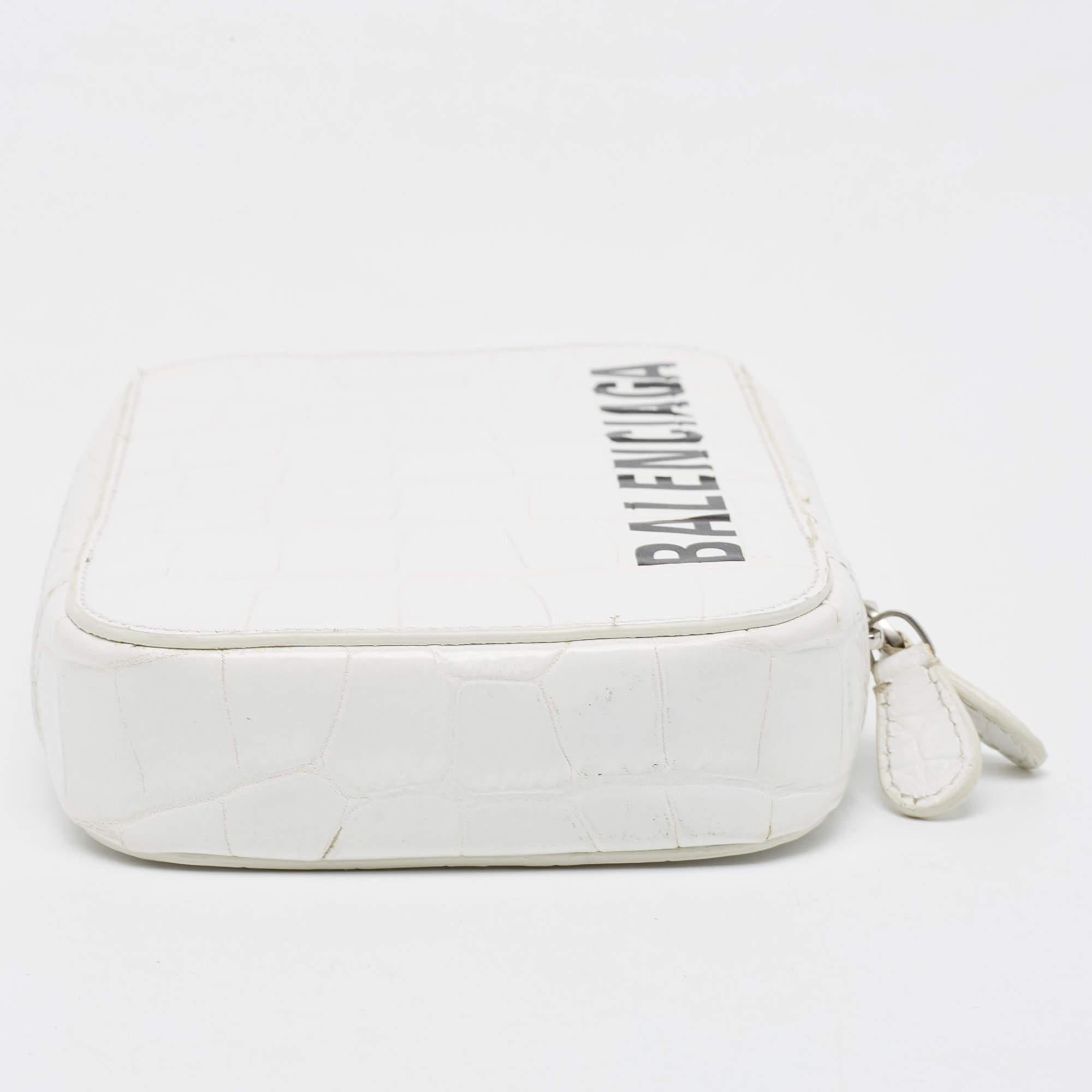 Women's Balenciaga White Croc Embossed Leather Cash Phone Holder Bag