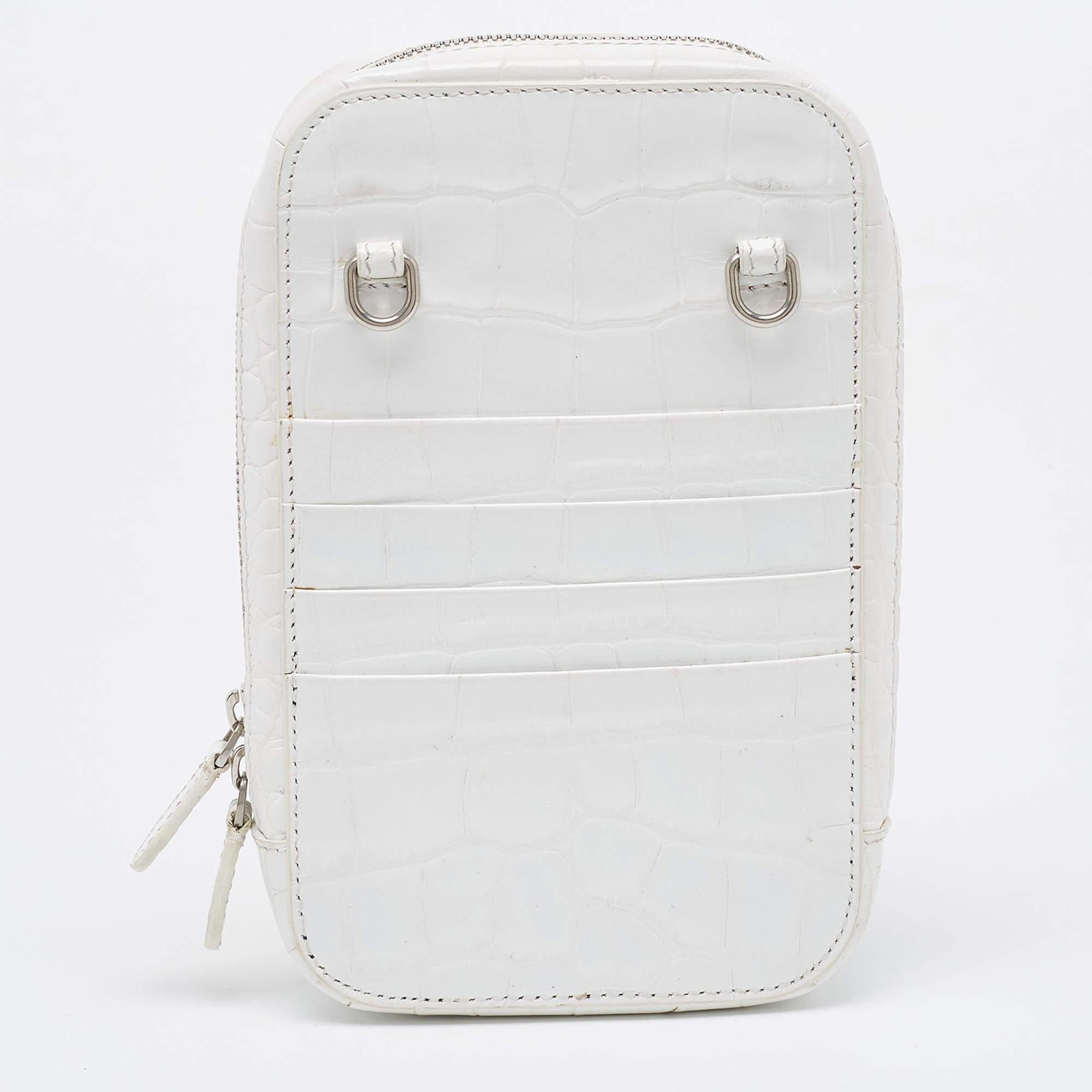 Balenciaga White Croc Embossed Leather Cash Phone Holder Bag 2