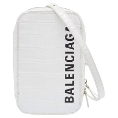 Balenciaga White Croc Embossed Leather Cash Phone Holder Bag