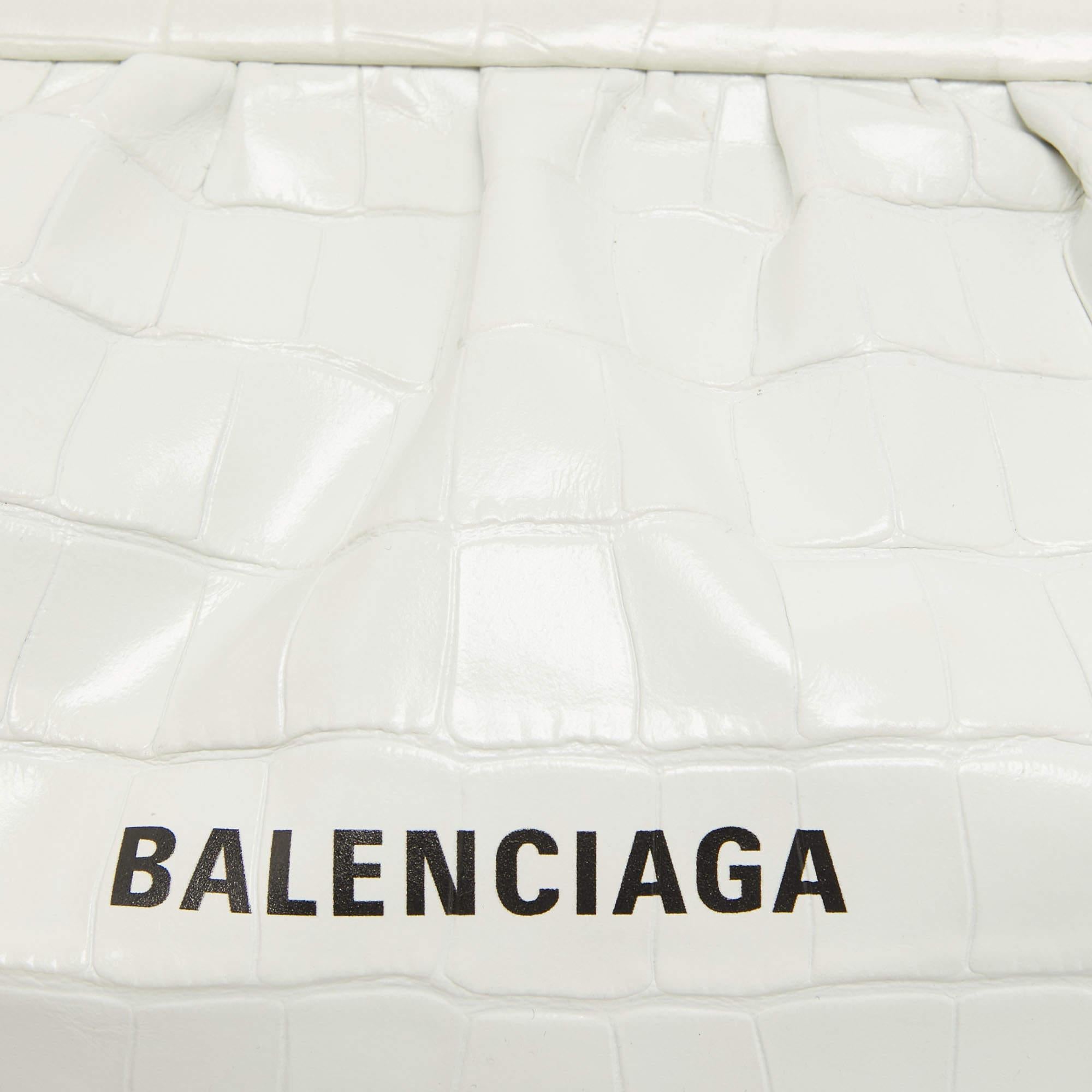 Balenciaga White Croc Embossed Leather Cloud Clutch Bag 6