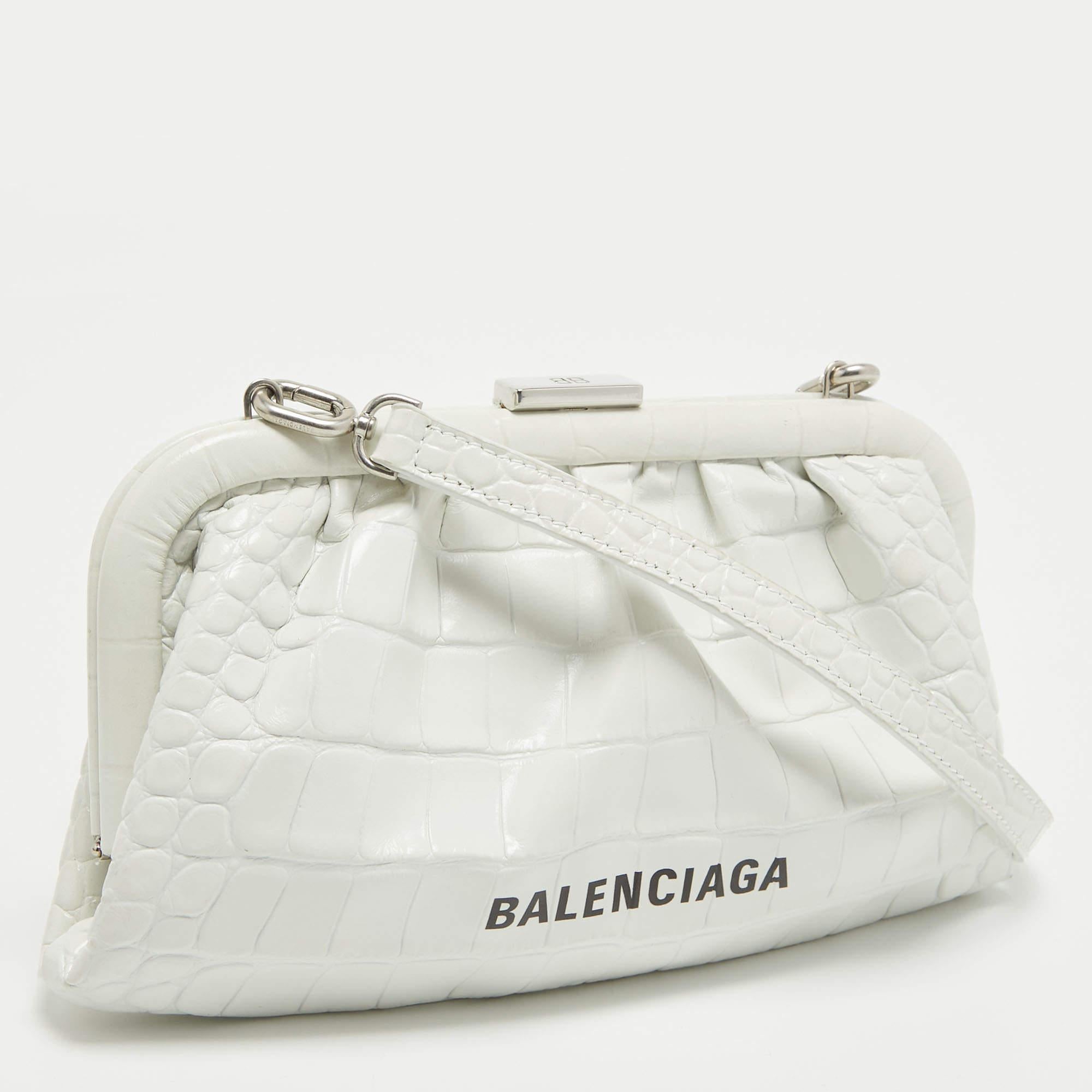 Balenciaga White Croc Embossed Leather Cloud Clutch Bag 1