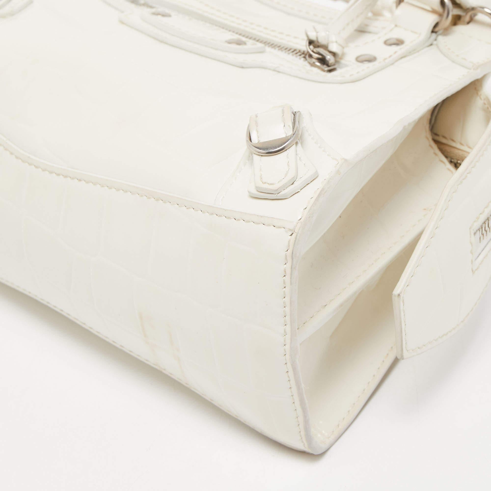 Balenciaga White Croc Embossed Leather Mini Neo Classic Tote 8