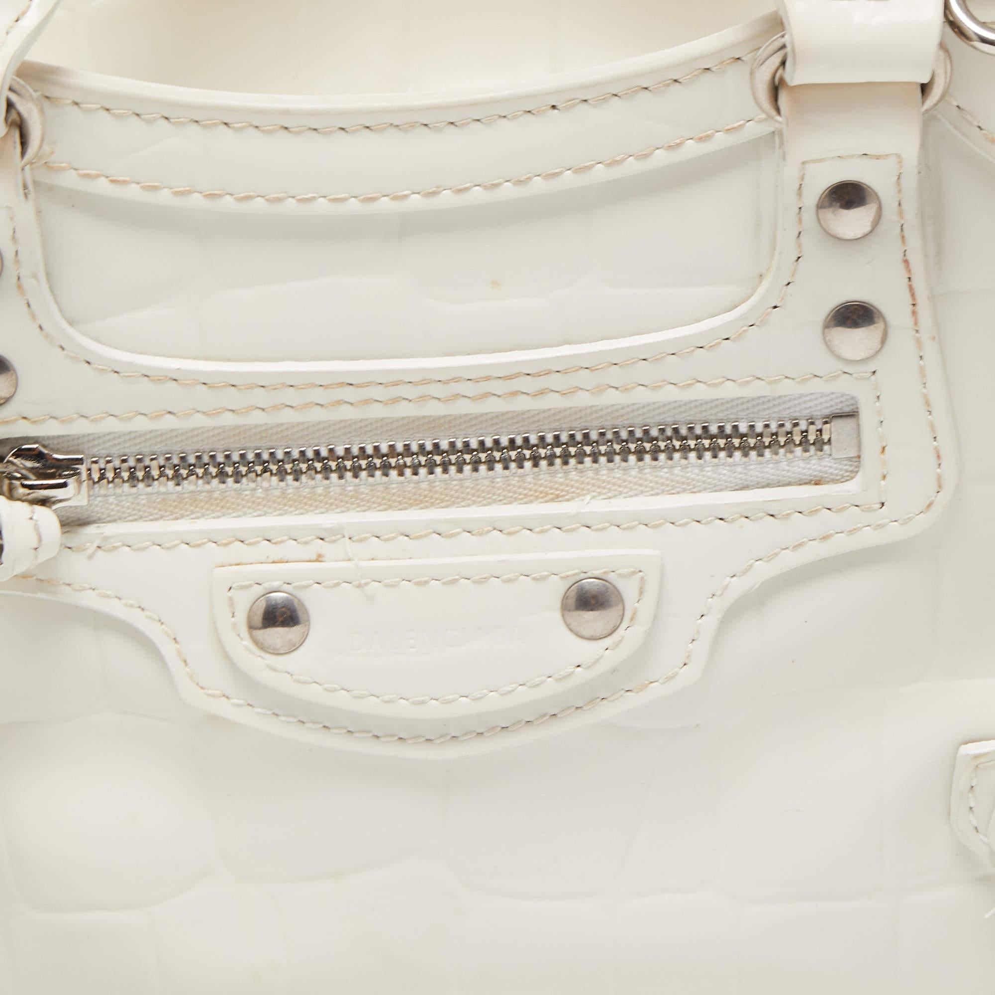 Balenciaga White Croc Embossed Leather Mini Neo Classic Tote 14