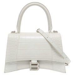 Balenciaga White Croc Embossed Leather S Hourglass Top Handle Bag